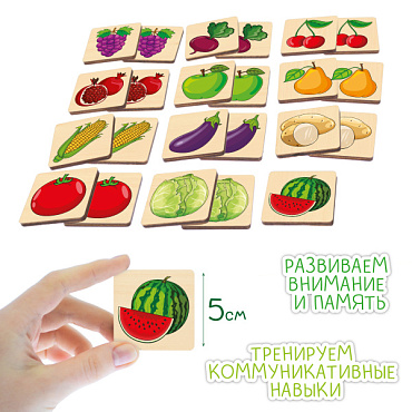 Мемори. Овощи и фрукты. 24 деревянных элемента. НОВИНКА! DTA-019